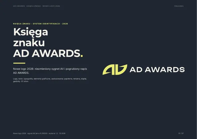 Okładka księgi znaku: grafitowa strona z tytułem i nowym logo AD AWARDS w cytrynie i bieli.