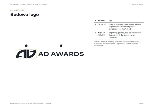 Strona „Budowa logo”: sygnet AV i napis AD AWARDS z opisem obu elementów.