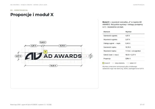 Strona „Proporcje i moduł X”: logo na siatce z wymiarami w module X.