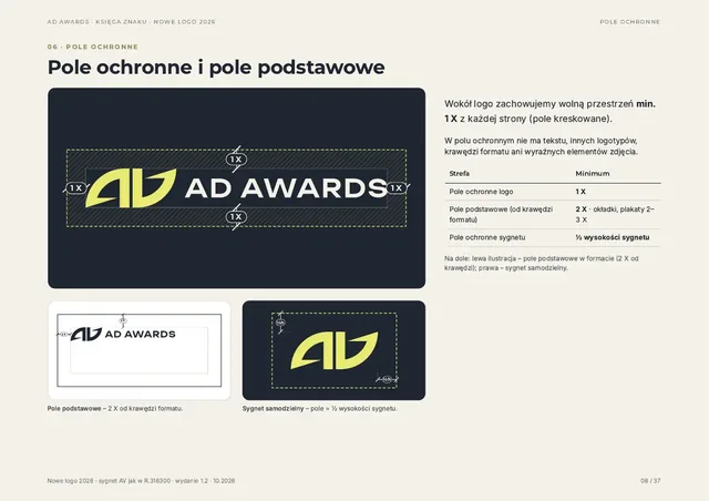 Strona „Pole ochronne i pole podstawowe”: logo w kreskowanym polu ochronnym na grafitowym tle.