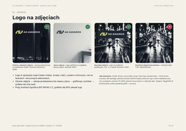 Strona „Logo na zdjęciach”: logo na czterech czarno-białych zdjęciach z pomiarem kontrastu.