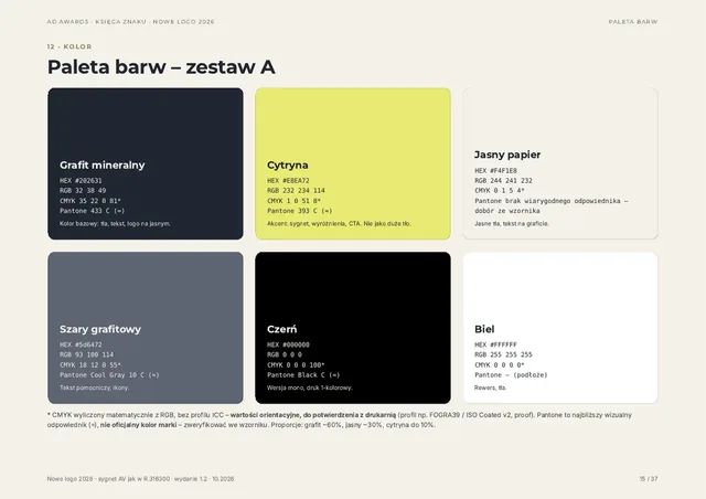 Strona „Paleta barw — zestaw A”: grafit mineralny, cytryna, jasny papier, szary grafitowy, czerń i biel z wartościami HEX, RGB i CMYK.