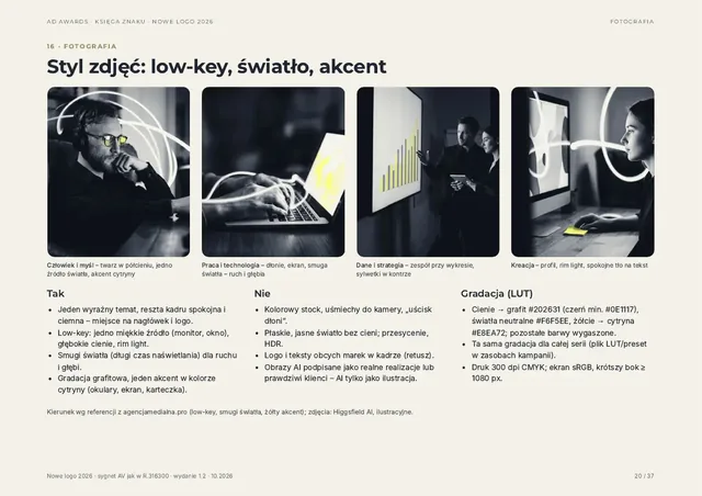 Strona „Styl zdjęć: low-key, światło, akcent”: cztery czarno-białe zdjęcia ze smugami światła i cytrynowym akcentem oraz zasady „Tak” i „Nie”.