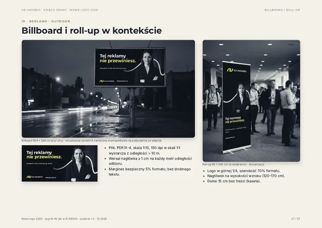 Strona „Billboard i roll-up w kontekście”: wizualizacja billboardu przy ulicy nocą i roll-upu na wydarzeniu.