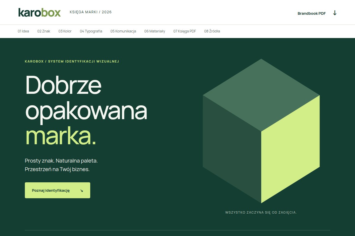 Brandbook online KAROBOX: przewijana strona księgi marki