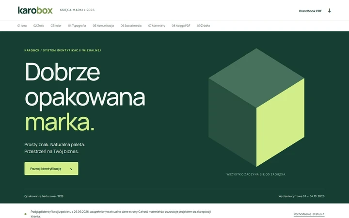 Brandbook online KAROBOX: okładka „Dobrze opakowana marka.”, warianty logo, paleta i typografia.