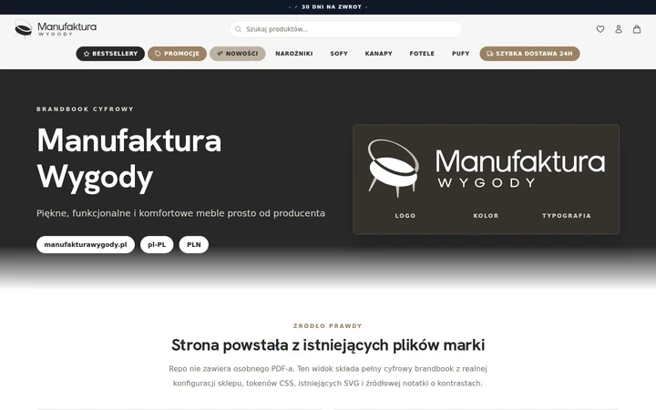 Brandbook online Manufaktury Wygody: paleta czerni, ziemistych beży i ciepłego brązu, typografia i warianty logo.