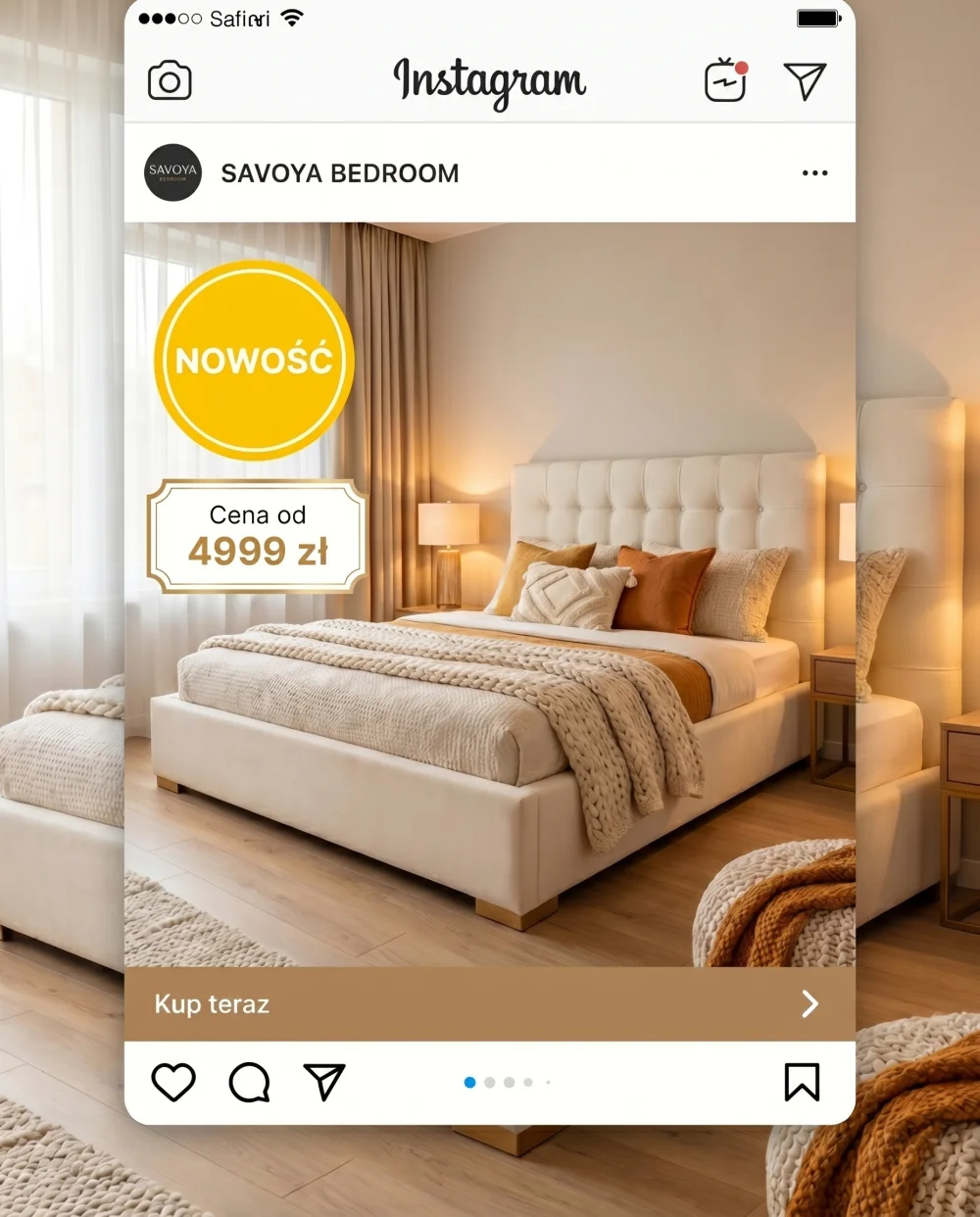Kreacja reklamowa Instagram — łóżko tapicerowane