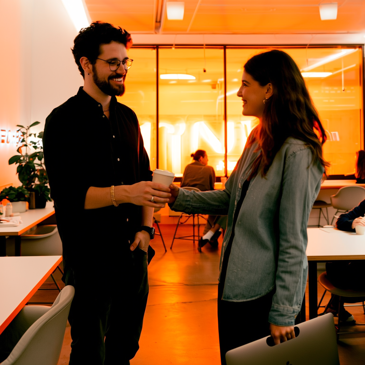 Spotkanie biznesowe w coworking — nowy lead, golden hour