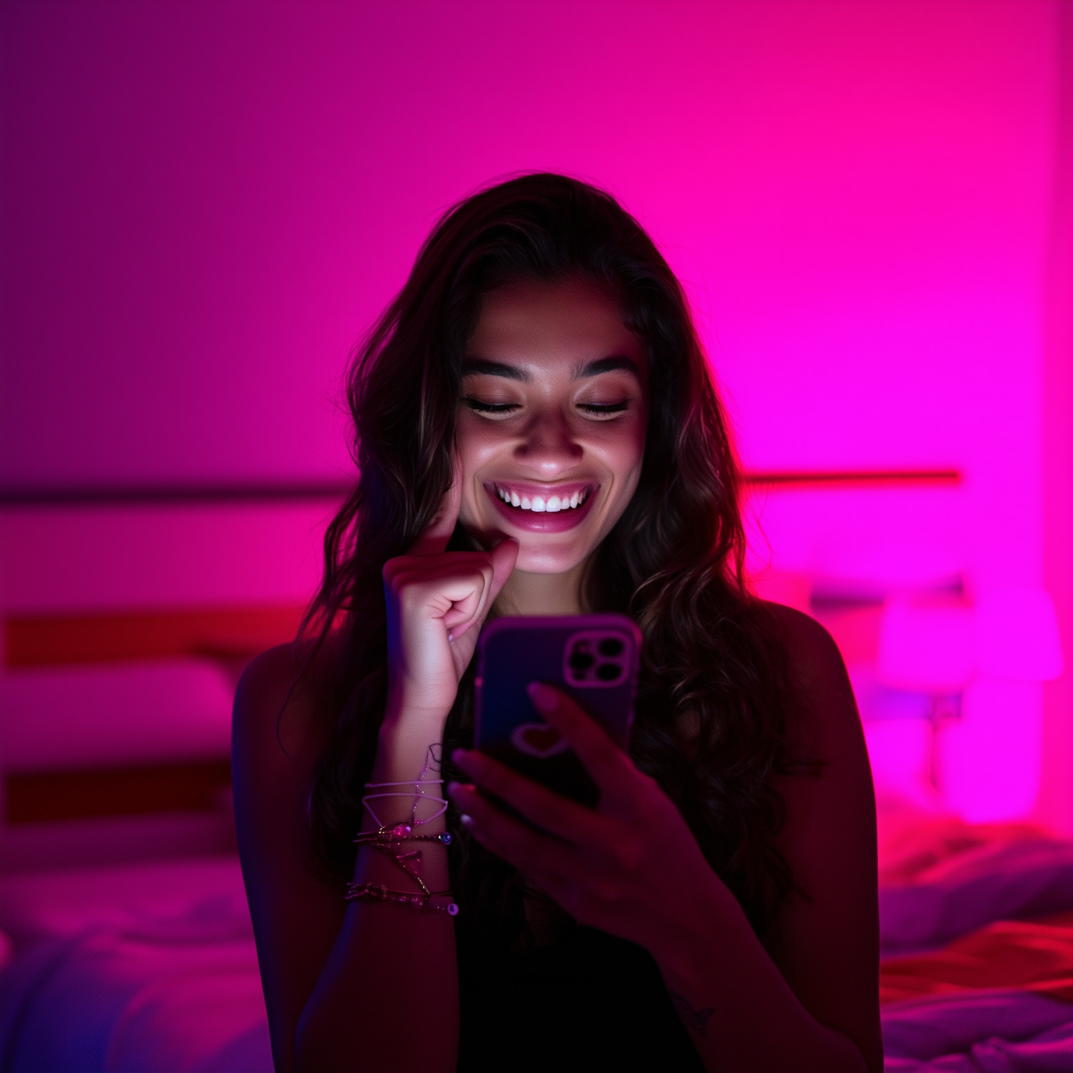 Reakcja na polubienia — pink neon, autentyczny moment