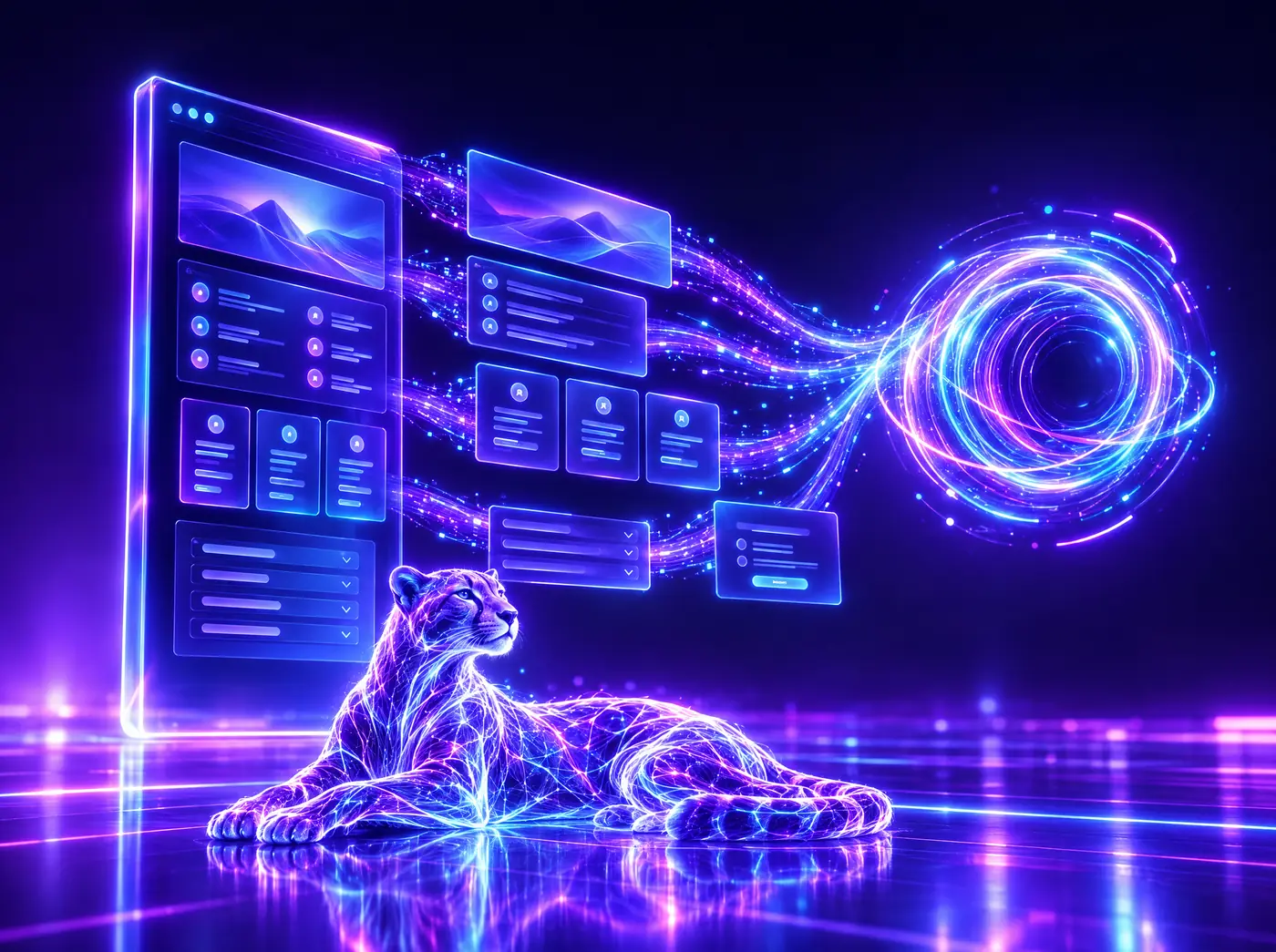 Neonowy gepard leży przed szklanym panelem strony, a jej treści płyną strumieniami światła do „oka” AI — ilustracja poglądowa