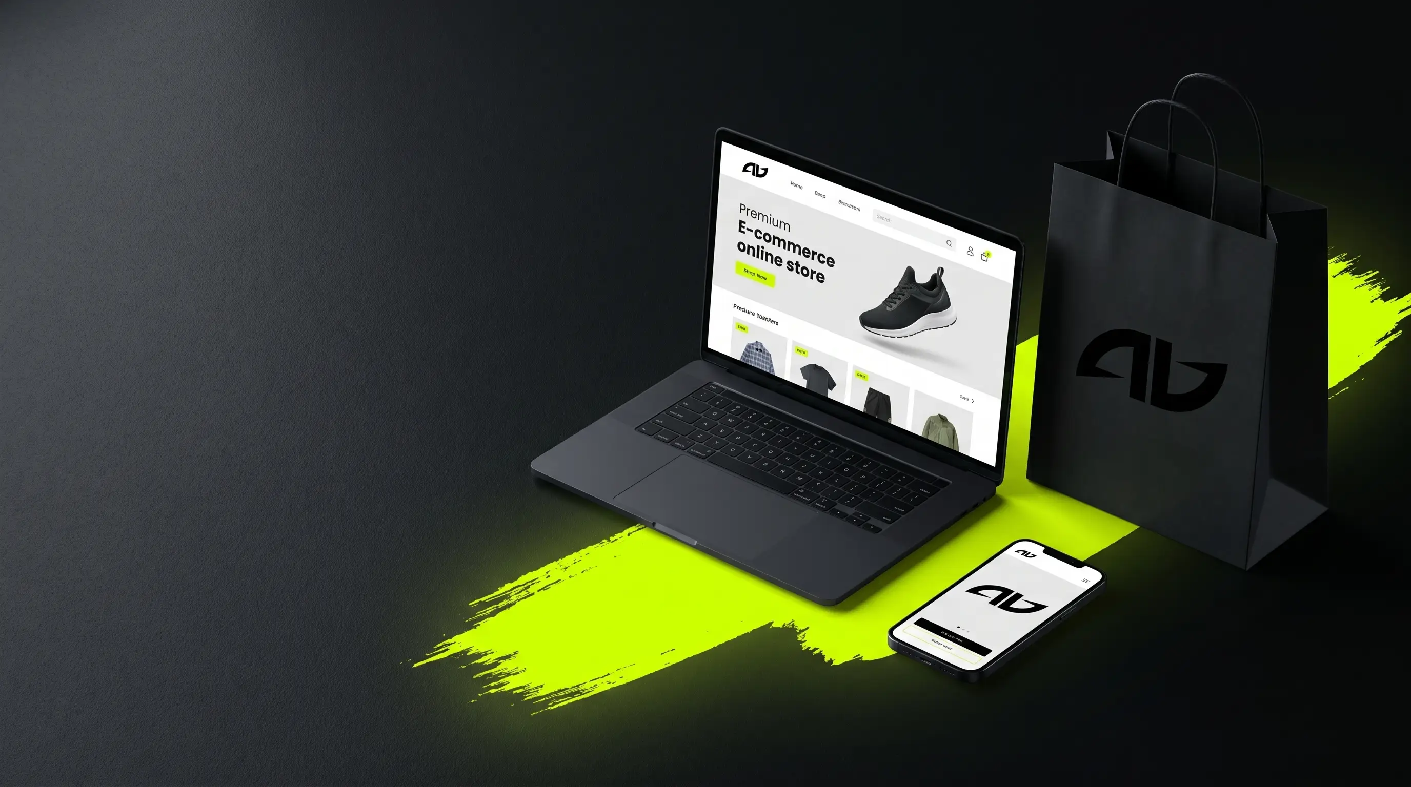 Sklep internetowy WooCommerce AD AWARDS — laptop, telefon, torba z logo