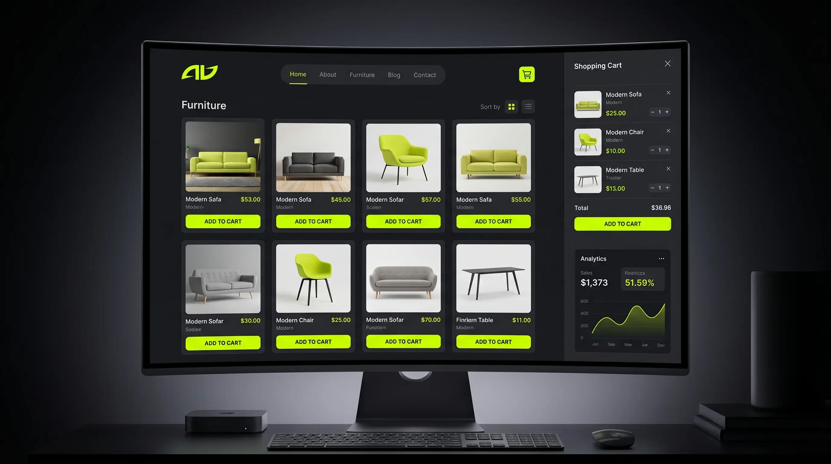 Interfejs sklepu WooCommerce — karty produktów, koszyk, dashboard